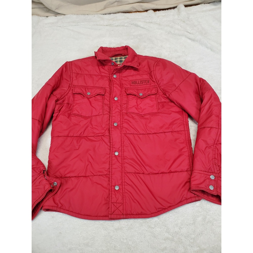 Hollister Carlsbad Red Puffer Flannel Lined Snap Coat Jacket XL Casual Cozy Logo